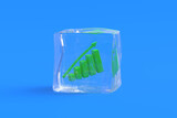 Columns graph with green up arrow in ice cube. 3d render
