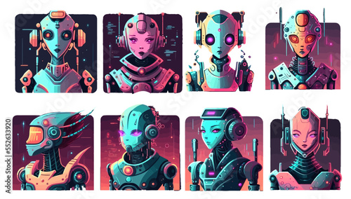Robots set with cute screen faces. Futuristic smart androids. Flat illustration isolated on white background	