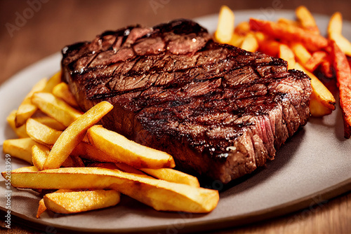 Grilled sirloin steak with potato fries and vegetables, tomato salad photo