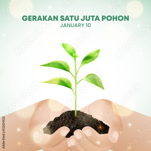 Hari gerakan satu juta pohon or one million trees movement background with hand holding a plant with sparkle