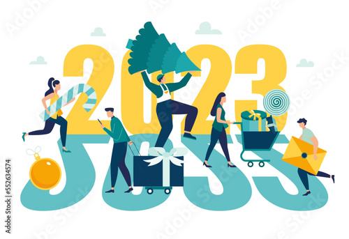 2023 new year welcome. people are preparing for the New Year, are engaged in decoration, the inscription New Year 2023. Vector illustration little people