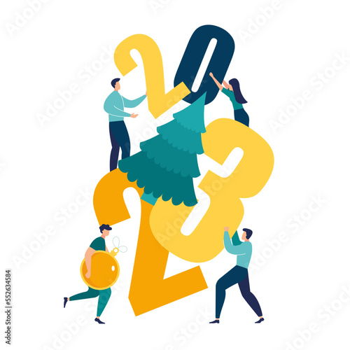 2023 new year welcome. people are preparing for the New Year, are engaged in decoration, the inscription New Year 2023. Vector illustration little people