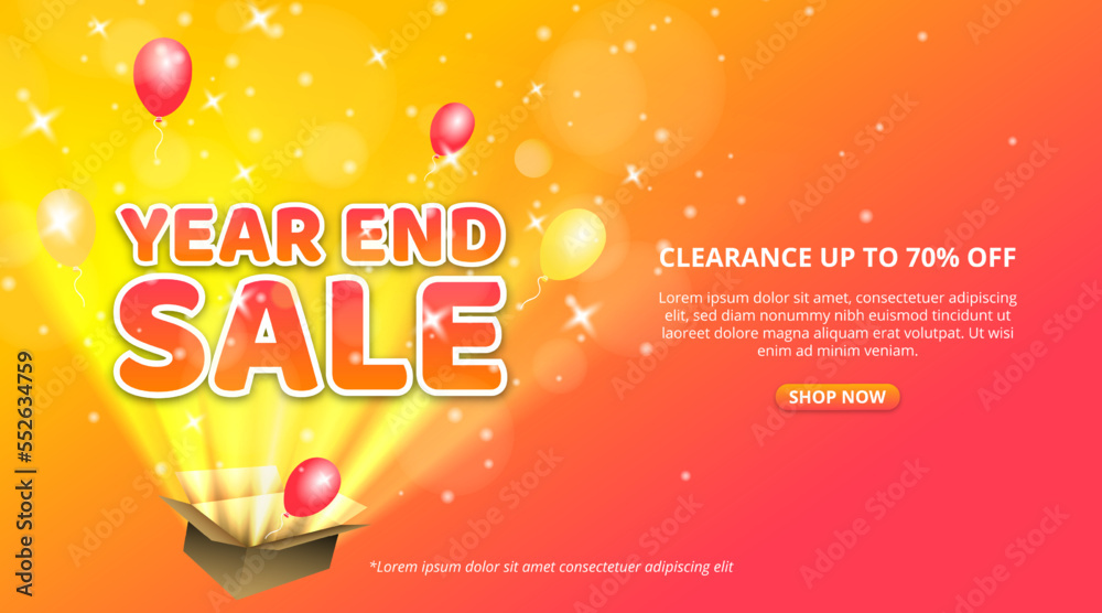 Year end sale banner with an open box of a surprise sale - obrazy, fototapety, plakaty 