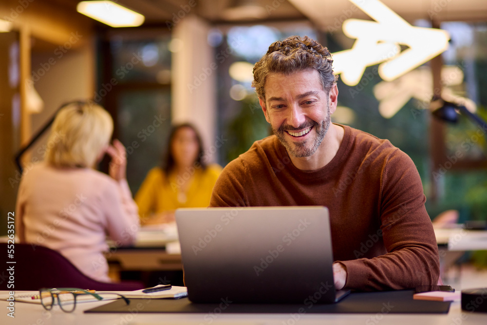 Mature Businessman Working On Laptop At Desk In Office Mature Businessman Working On Laptop At Desk In Office