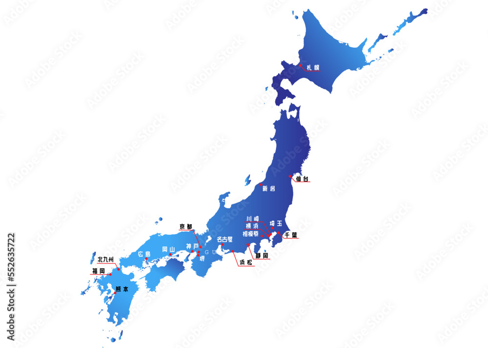政令指定都市入り日本地図のイラスト 全国の主要都市を示した行政区分アイコン素材