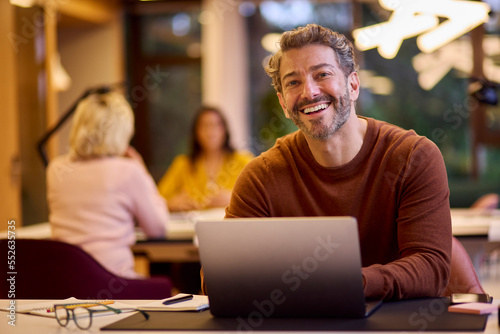 Portrait Of Mature Businessman Working On Laptop At Desk In Office
