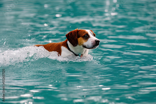 photography of a brown and white dog swimming in a pool- AI Generated