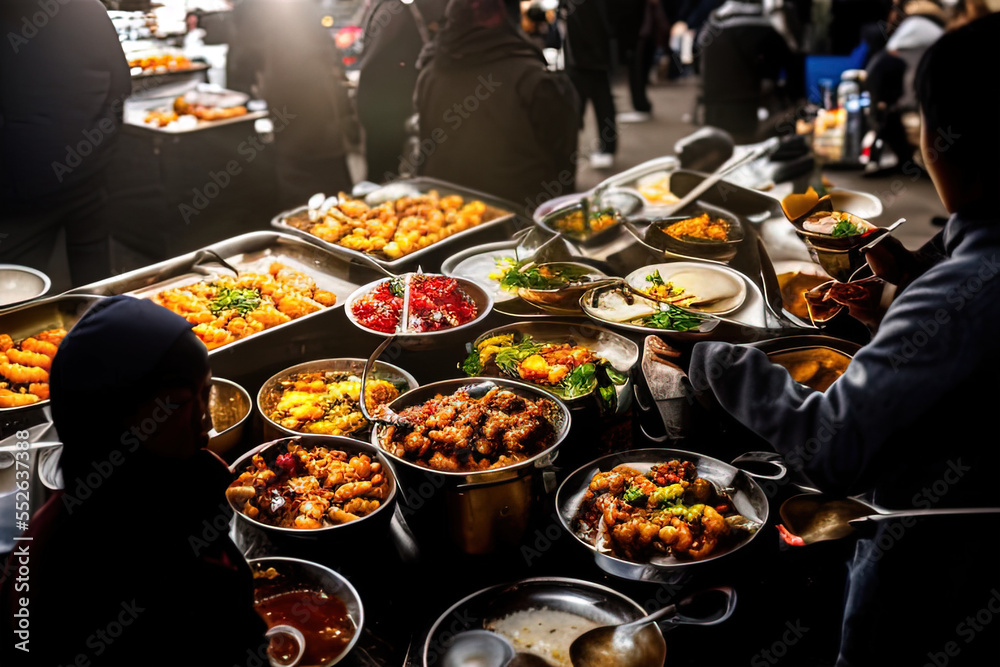 photography of a group of people in a market standing around a table filled with food - AI Generated photography of a group of people in a market standing around a table filled with food - AI Generated