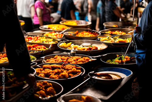 photography of a group of people in a market standing around a table filled with food - AI Generated