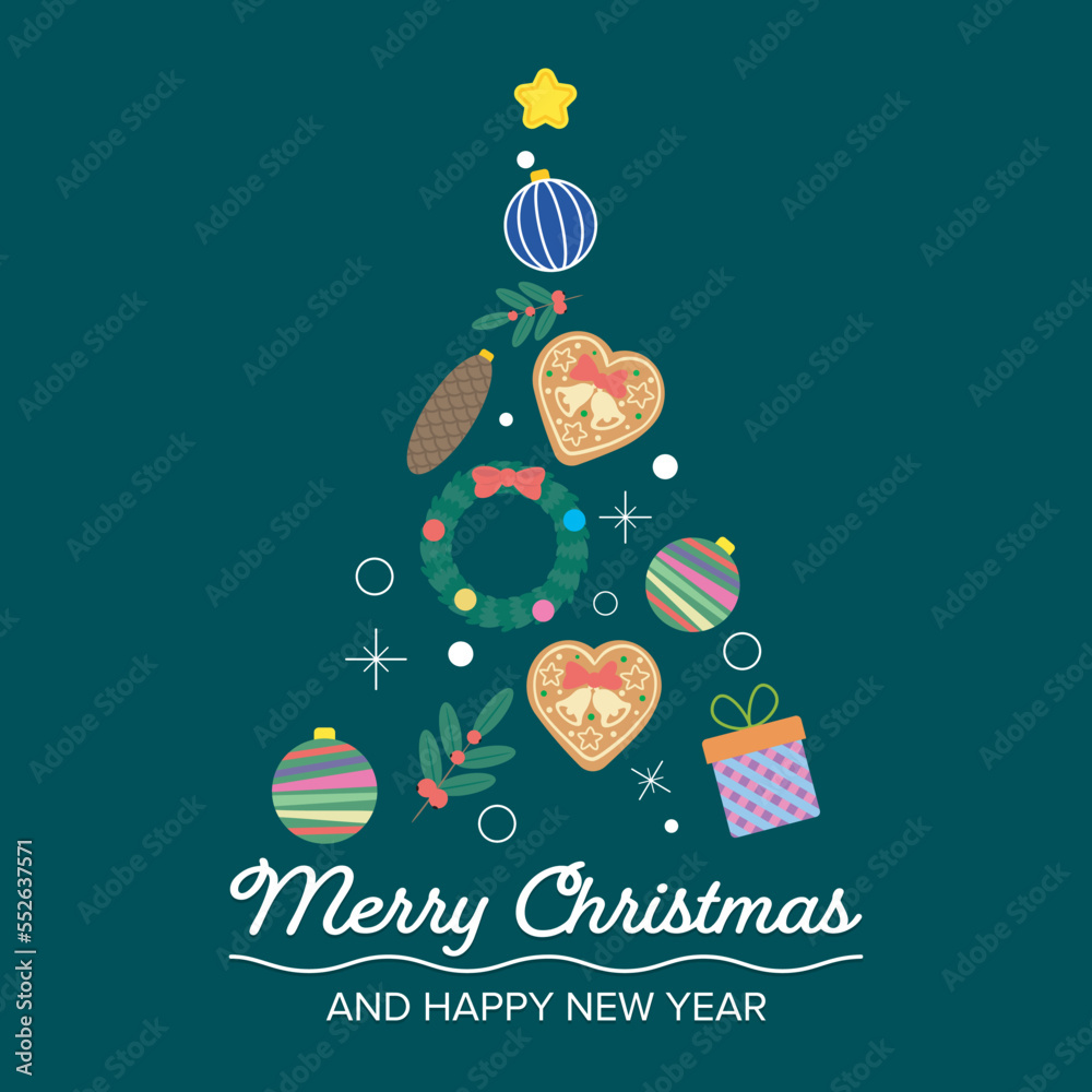 image of christmas tree is composed of star, glass balls, holly berries, wreath, gift, snowflakes and cookie
