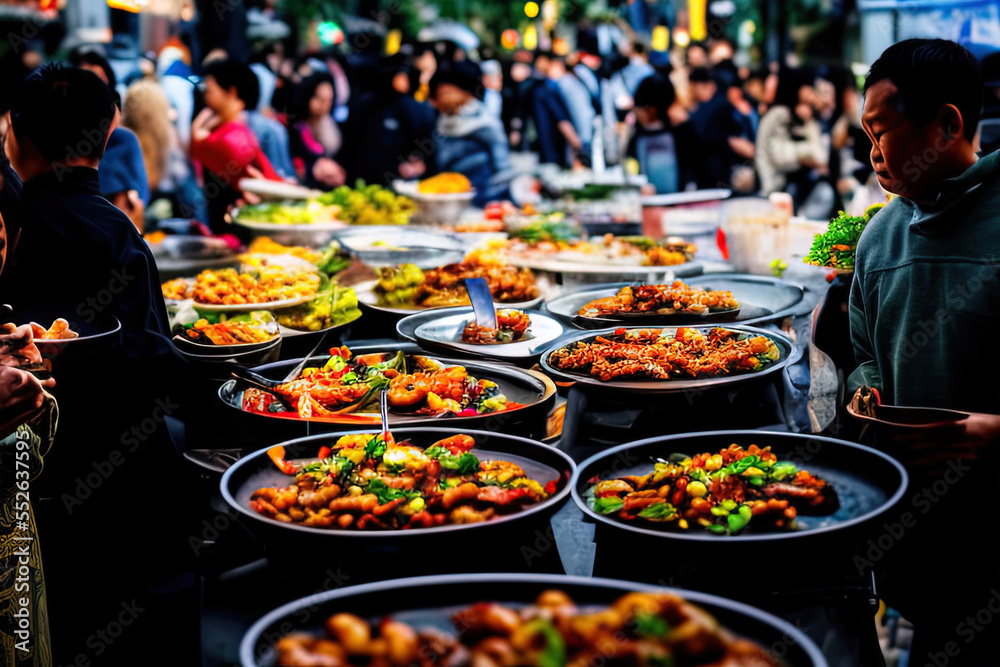 photography of a group of people in a market standing around a table filled with food - AI Generated photography of a group of people in a market standing around a table filled with food - AI Generated