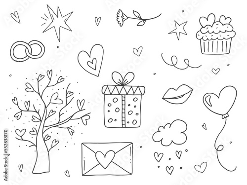 Big set of cute hand-drawn doodle elements about love. Message stickers for apps. Icons for Valentines Day, romantic events and wedding.