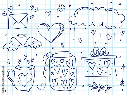 Big set of cute hand-drawn doodle elements about love. Message stickers for apps. Icons for Valentines Day, romantic events and wedding. A checkered notebook.