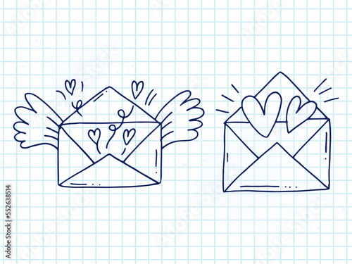 Set of cute hand-drawn doodle elements about love. Message stickers for apps. Icons for Valentines Day, romantic events and wedding. A checkered notebook. Envelopes with love letters and wings.