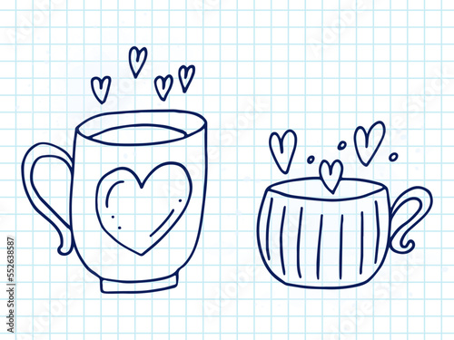 Set of cute hand-drawn doodle elements about love. Message stickers for apps. Icons for Valentines Day, romantic events and wedding. A checkered notebook. Cups with a love drink and hearts.