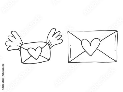Set of cute hand-drawn doodle elements about love. Message stickers for apps. Icons for Valentines Day, romantic events and wedding. Envelopes with love letters and hearts with wings.