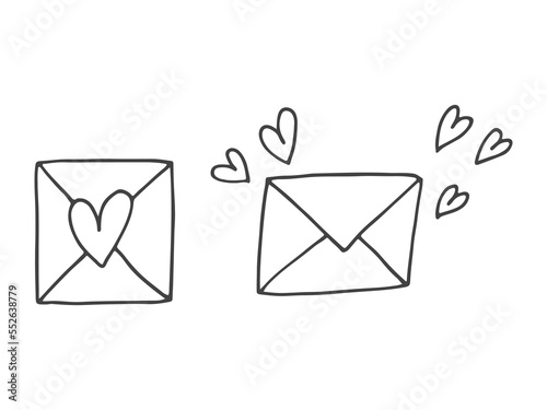 Set of cute hand-drawn doodle elements about love. Message stickers for apps. Icons for Valentines Day, romantic events and wedding. Envelopes with love letters and hearts with wings.