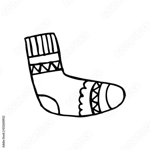 A hand-drawn winter clothing. Vector illustration in doodle style. Winter mood. Hello 2023. Merry Christmas and Happy New Year. Black sock with ornament on a white background.