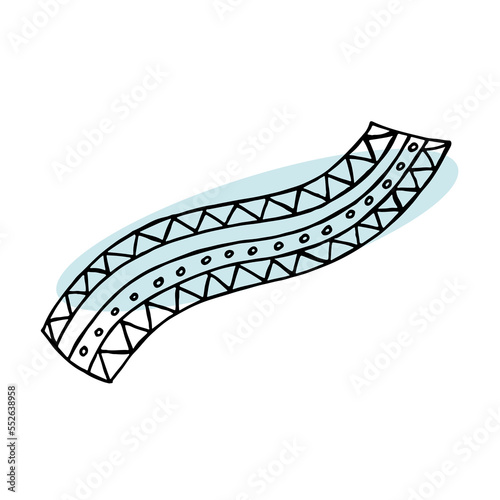 A hand-drawn winter clothing. Vector illustration in doodle style. Winter mood. Hello 2023. Merry Christmas and Happy New Year. Black scarf with ornament on a white and blue background.