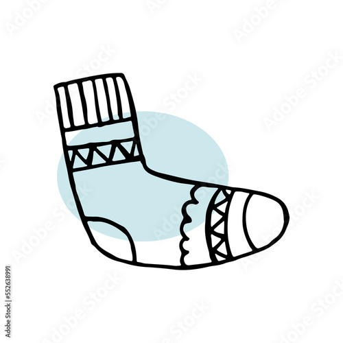 A hand-drawn winter clothing. Vector illustration in doodle style. Winter mood. Hello 2023. Merry Christmas and Happy New Year. Black sock with ornament on a white and blue background.