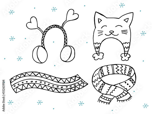 A set of hand-drawn winter clothing. Vector illustration in doodle style. Winter mood. Hello 2023. Merry Christmas and Happy New Year. Black and blue hats and scarfs on a white background.