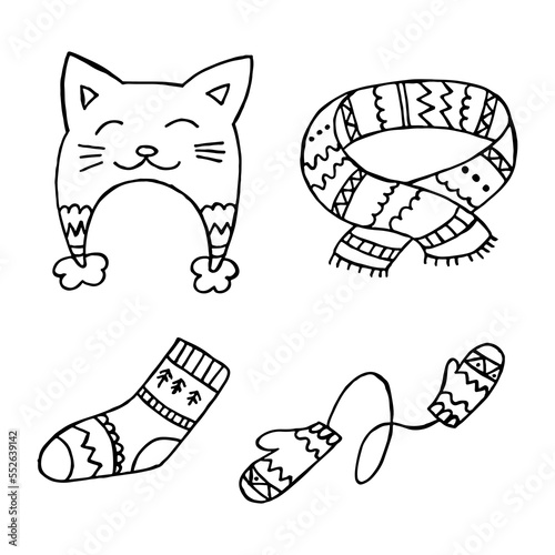 A set of hand-drawn winter clothing. Vector illustration in doodle style. Winter mood. Hello 2023. Merry Christmas and Happy New Year. Black elements on a white background.