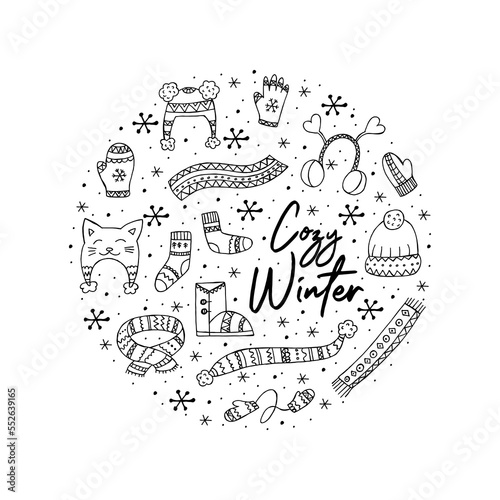 A set of hand-drawn winter clothing. Vector illustration in doodle style. Winter mood. Hello 2023. Merry Christmas and Happy New Year. Black elements in the shape of a circle on a white background.