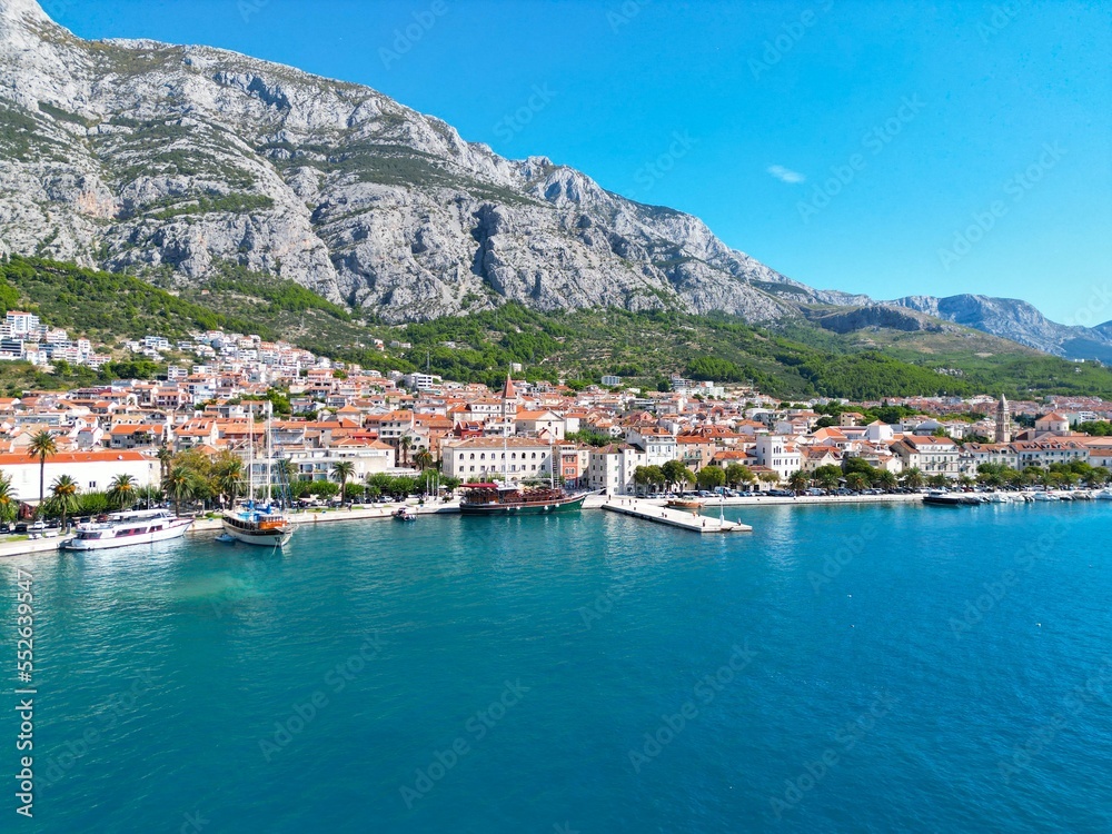 Makarska town Croatia Dalmatian coast drone aerial view ..