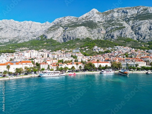 Makarska town Croatia Dalmatian coast drone aerial view ..