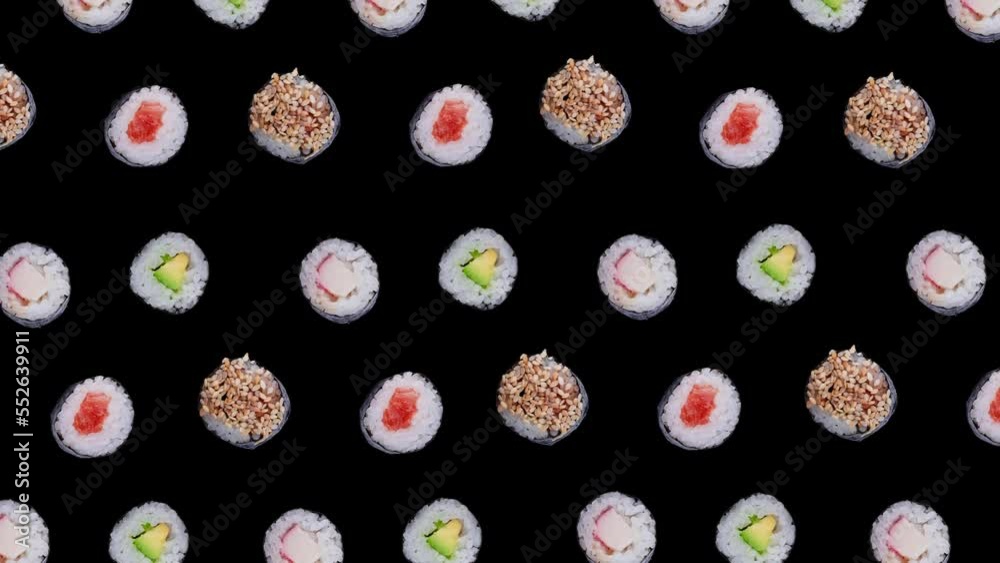 trendy food animation or background of rotation sushi maki rolls on black background trendy food animation or background of rotation sushi maki rolls on black background