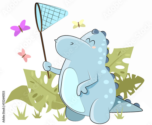 A small blue dinosaur catches colorful butterflies with a net