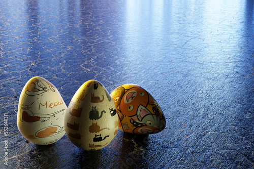 3d render of cat centric easter eggs on granite countertop. photo