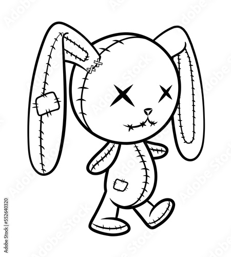 Crazy voodoo rabbit. Cute evil rabbit, halloween decoration. Sewn voodoo bunny walking through. Vector illustration. Stitched thread funny monochrome zombie monster. Design for coloring books, sticker