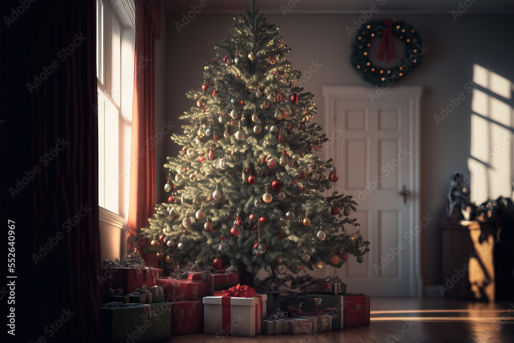 christmas tree in living room, illustration generated by AI