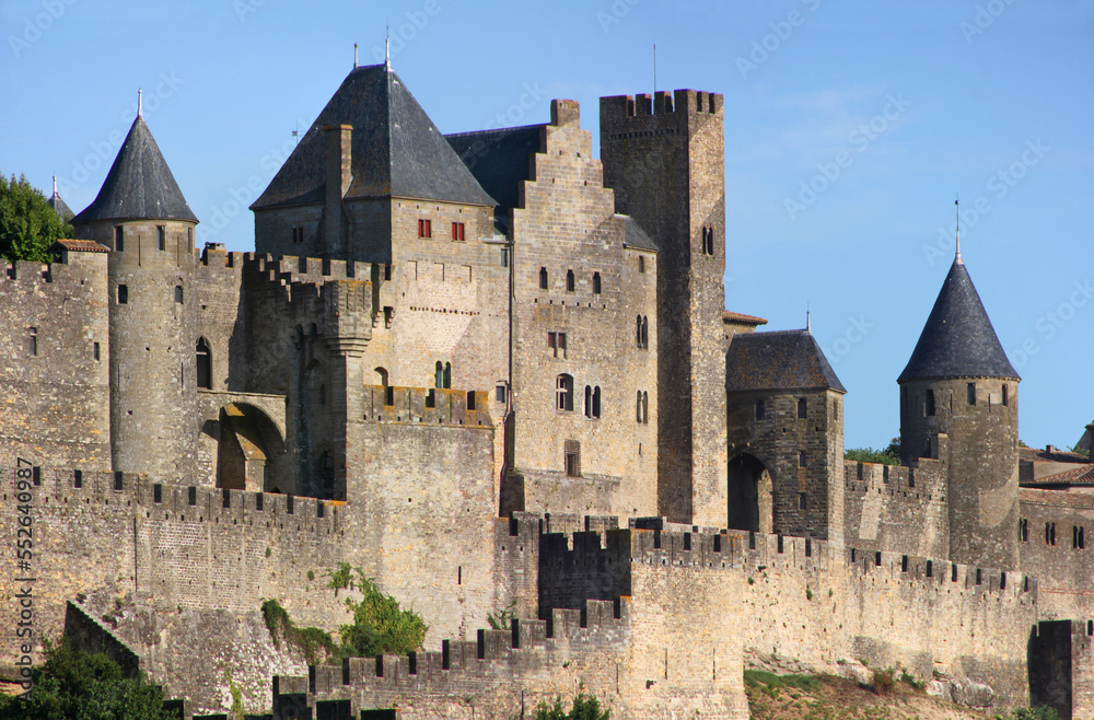 The Count’s Castle in the old town of Carcassonne with romanesque towers and the medieval city wall, Aude department in France