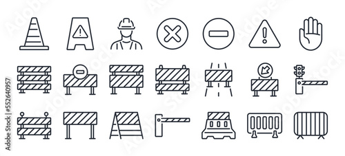 Fotografie, Obraz Road block and pedestrian barrier editable stroke thin linear outline icons set isolated on white background flat vector illustration