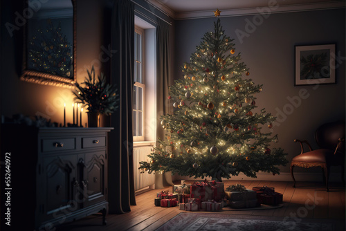 christmas tree with lights in living room  illustration generated by AI