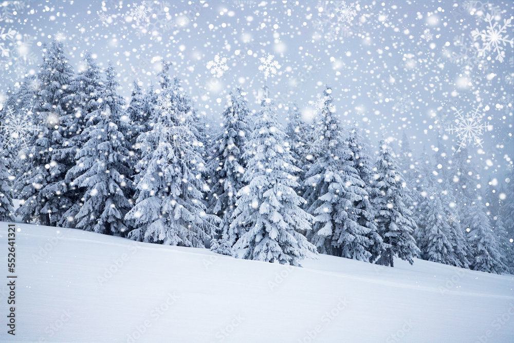 magical frozen winter landscape with snow covered fir trees