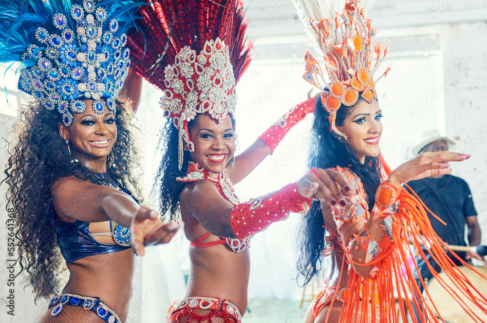 Carnival performance, women and mardi gras dancer portrait on new