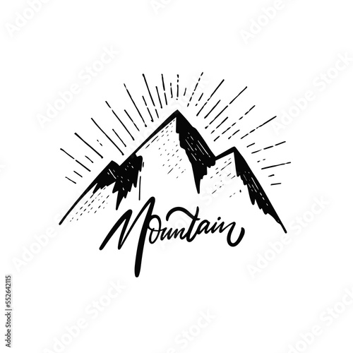 Hand drawn black color mountains sign vector art logo illustration.