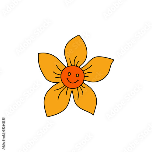 Retro Groovy Flower Character, Daisy face flat icon in doodle style. Orange Hippy Flower inspirited by 1970s years. Vintage vector illustration isolated on white background. Floral print for poster.