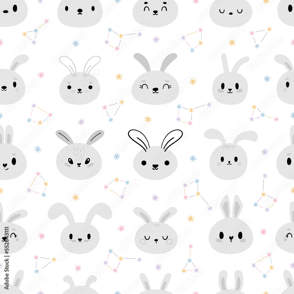 Seamless pattern with cute little bunny. Hand drawn background with cartoon rabbits. Nursery style