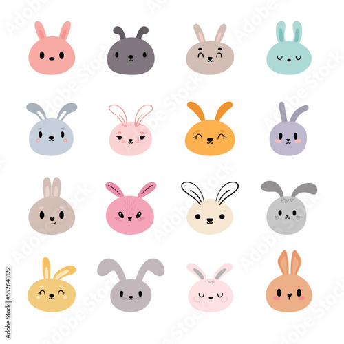 Set of cute kawaii rabbits. Cartoon character. Funny doodle animals. Little bunny. Easter  New Year theme