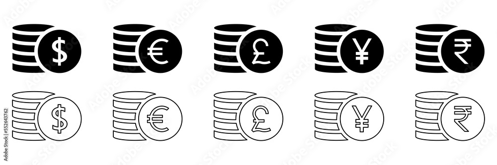 Coins stack icon set. Money line and silhouette symbol collection. Business payment concept. Vector isolated on white. Coins stack icon set. Money line and silhouette symbol collection. Business payment concept. Vector isolated on white.