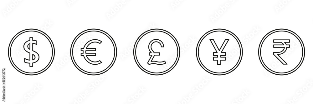 World line coins icon set. International outline money symbol collection. Vector isolated on white. World line coins icon set. International outline money symbol collection. Vector isolated on white.