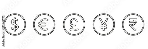 World line coins icon set. International outline money symbol collection. Vector isolated on white.
