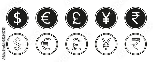 World line coins icon set. International money silhouette symbol collection. Business payment concept. Vector isolated on white.