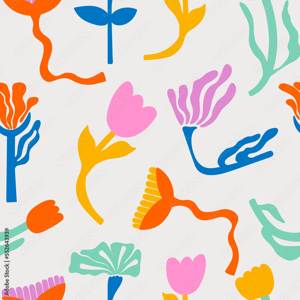 Seamless pattern with doodle flowers. Vector hand drawn background for your design or card, covers, package, wrapping paper. Colorful flat pattern