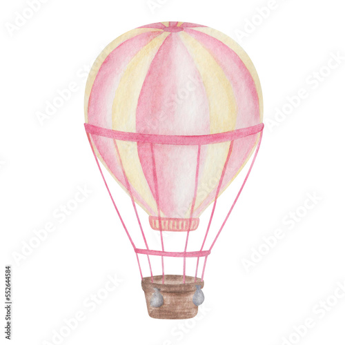 Watercolor illustration of hand painted hot air balloon in yellow, pink colors with basket, ropes, bags. Flying in the air transport. Isolated clip art for prints, travel posters, tourism banners