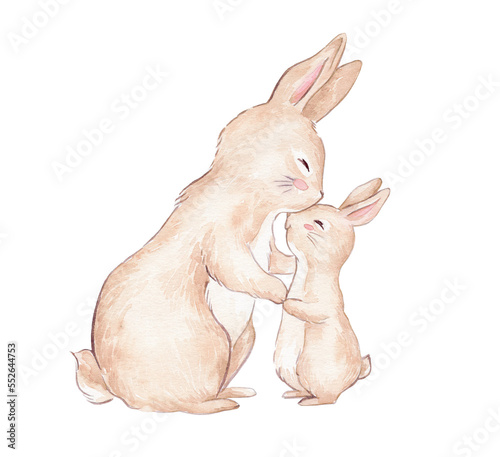 Watercolor illustration of the mother bunny and baby bunny. Mother hugs and kisses baby rabbit. Cute beige bunnies. Can be used for t-shirt print, kids wear fashion design, baby shower invitation card